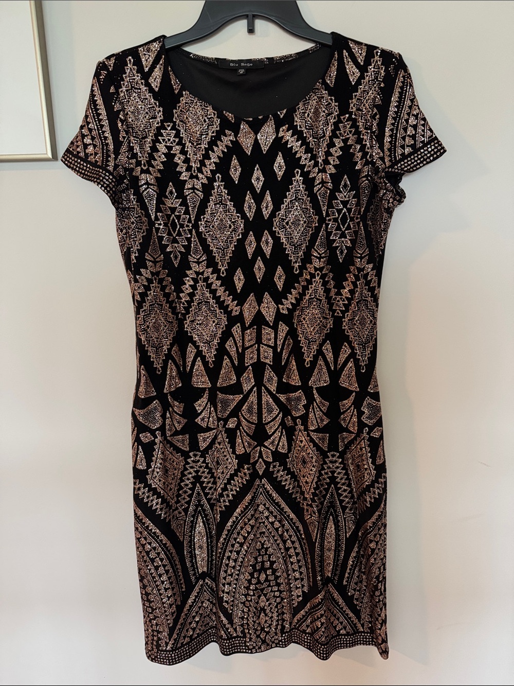 Blu Sage Black Mini Dress with Rose Gold Glitter Geometric Motif